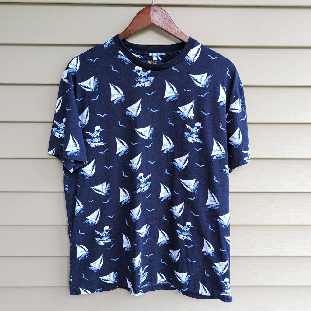 Polo Ralph Lauren T-Shirt Mens M Navy Sailboat Print Classic Fit Nautical